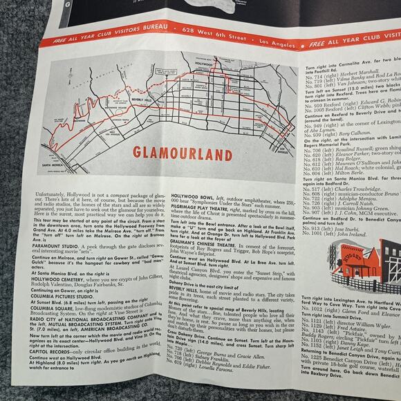VTG Hollywood Movie Star Homes Sightseeing Map All Year Club California CA 1957 - Picture 3 of 16